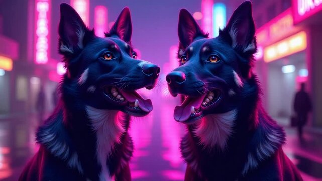 Video Two purebred canines stand side by side, showcasing their unique coat patterns