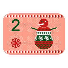 Red, green and pink Norwegian advent calendar illustration in flat vector style with celebrate symbol and ethnic ornament. Snowman