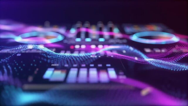 Close-up of a DJ controller with colorful lights and buttons on a dark background with purple and blue hues.