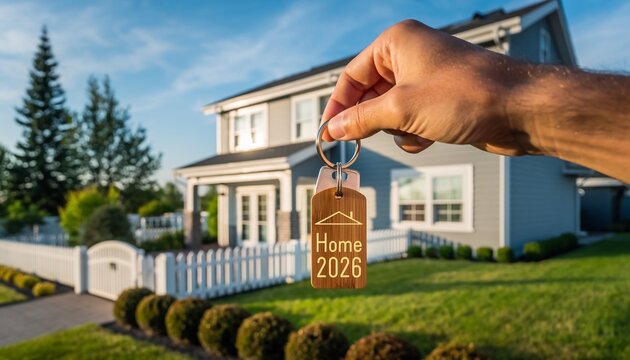 A hand holding a "Home 2026" keychain with a beautiful modern house in the background, concept for real estate, homeownership and future planning. - Powered by Adobe