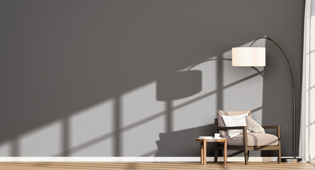Neutral Interior with Empty Dark Grey Wall, Beige Armchair, Arc Lamp, and Dramatic Sun Shadows | Transparent Background for Mockup