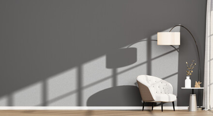 Glam Interior with Empty Grey Wall, White Tufted Armchair, Marble Table, and Arc Lamp | Transparent Background for Wall Mockup