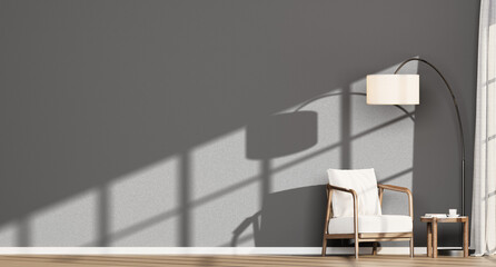 Elegant Modern Interior with Empty Grey Wall, White Armchair, Arc Lamp, and Sun Shadows | Transparent Background for Wall Mockup