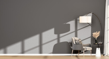 Sophisticated Interior with Empty Grey Wall, Elegant Grey Armchair, and Dried Florals | Transparent Background for Poster Mockup