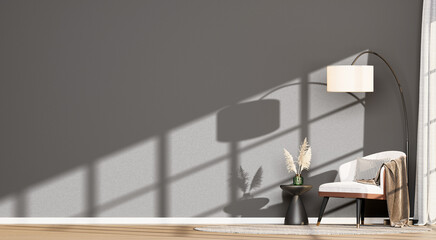 Stylish Interior with Empty Wall, Armchair, Round Rug, Pampas Grass, and Arc Lamp | Transparent Background Mockup