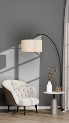 Vertical Mockup: Glam White Tufted Armchair and Marble Side Table against Empty Grey Wall | Transparent Background