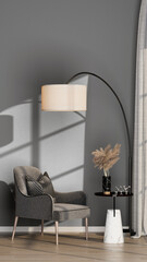 Vertical Mockup: Elegant Grey Accent Chair and Marble Side Table with Pampas Grass against Empty Wall