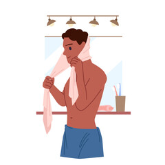 Man drying hair with towel after washing, daily hygiene routine scene in home bathroom, grooming beauty procedure. Young guy standing at mirror, holding towel to dry cartoon vector illustration