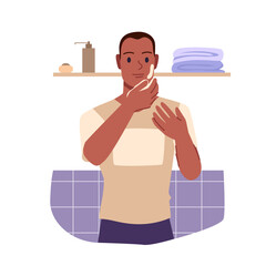 Man applying cream to face for daily grooming procedure and beauty skincare routine. Young guy doing massage with cosmetic product in home bathroom to moisturize skin cartoon vector illustration