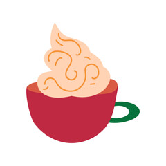 Hand drawn ceramic mug with hot latte coffee decorated with cap of whipped cream, element of winter festival decoration. Simple scribble shape freehand vector icon isolated on white background