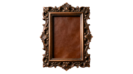 transparent background - Vintage bronzed metal ornate frame placed around distressed leather background with soft studio lighting emphasizing warm textures and creating a realistic, collage-ready back
