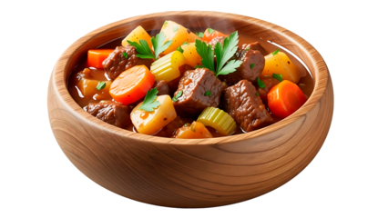 ia generated. Hearty beef stew in wooden bowl isolated on transparent background
