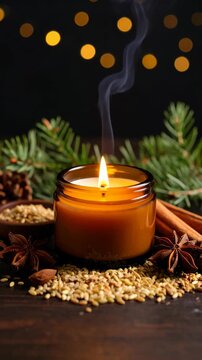 Burning candle in amber glass jar with smoke, pine branch, cinnamon, anise, almond, seeds on dark background with festive bokeh lights.