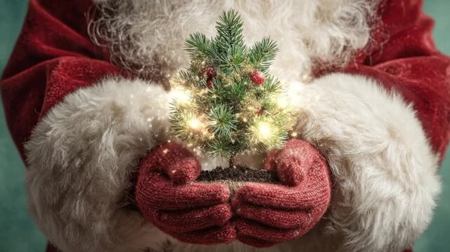 A close-up shot features hands, clad in festive red knitted mittens and wearing a red and white fur-trimmed garment, gently cradling a miniature evergreen tree sapling. The small plant, complete with 