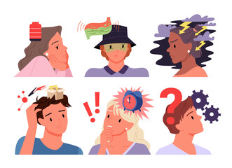 People with symbols of different emotions above heads set. Cartoon isolated portraits of male and female characters with negative toxic thoughts in brain, anxiety and low battery