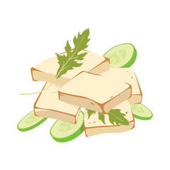 Tofu slices arranged with green cucumber and leafy herbs, ideal for vegan and healthy food concepts, isolated on white background vector illustration