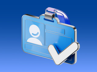 3D icon of employee ID badge with checkmark representing verified identity and access.