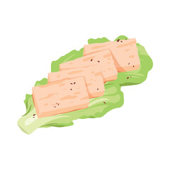 Fresh tofu slices arranged on a green lettuce leaf, perfect for vegan and vegetarian food concepts, healthy eating, and plant-based diet themes, isolated on white background vector illustration