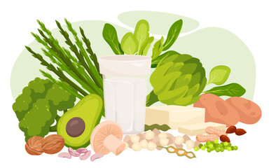 Assorted plant protein sources including tofu, nuts, beans, avocado, broccoli, spinach, and non-dairy milk arranged together for healthy vegan nutrition vector illustration
