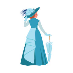 Elegant isolated Victorian girl holding parasol in blue period dress and feathered hat vector illustration