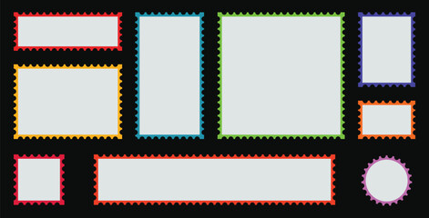 Colorful retro postage stamp shapes with decorative vintage borders in assorted styles and sizes. Perfect for mail-themed designs, scrapbooking, labels, stickers, and nostalgic artwork.