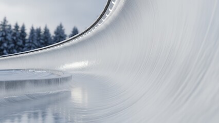Empty bobsled, luge, or skeleton ice track featuring a sharp, brightly lit banked curve reflecting winter sun against a blurred snowy forest backdrop.