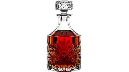  ia generated. Luxurious amber liquid in a crystal decanter bottle isolated on transparent background