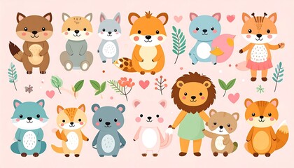 Fototapeta premium Cute cartoon animals ? foxes, rabbits, bear, lion ? arranged on a pink background with leaves, hearts, and floral accents
