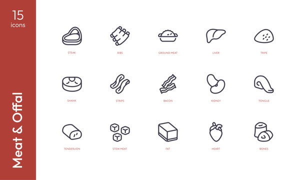 Meat, offal and protein source icon set. Vector illustration. Flat outline black and white symbol isolated. Cooking collection. Pictograms of steak, ribs, ground, meat, liver, tripe, shank, strips