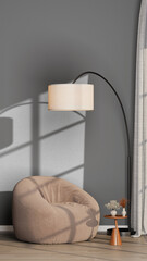 Vertical Mockup: Relaxed Interior with Empty Grey Wall, Beige Beanbag Chair, Arc Lamp, and Bright Sunlight | Transparent Background