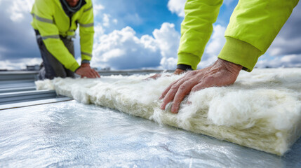 Close-up of construction workers installing thermal insulation on a metal roof under a cloudy sky, highlighting manual labor, energy efficiency, and building insulation techniques.