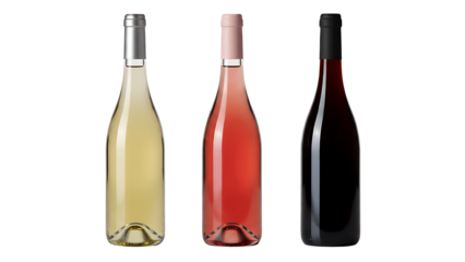 ia generated. Three wine bottles - white, rose, and red isolated on transparent background
