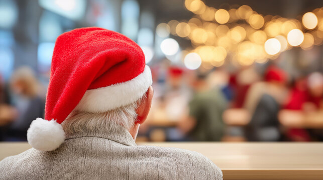 Faceless positive homeless man sitting at table in noisy shelter cafeteria surrounded by other people, Christmas concept, winter cold harshness warmth holidays merge, defocused fac