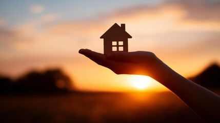 Silhouette of faceless hand holding small wooden house against sunset, housing symbolism, shelter representation, home ownership dream, property concept visualization, defocused ha