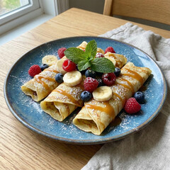 Delicious cr&ecirc;pes topped with fresh berries, banana slices, caramel, and mint on a blue plate.