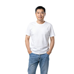 Fototapeta premium Smiling Asian man in white shirt and jeans standing confidently