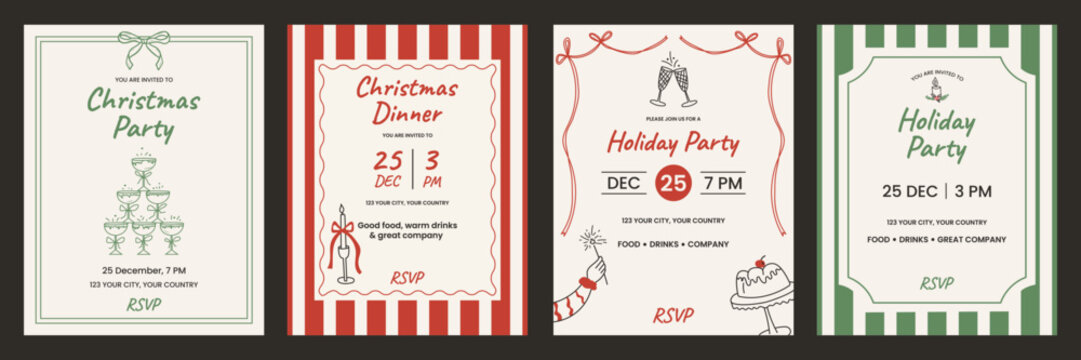 Christmas and New Year dinner invitation and menu card set in minimal vintage style.