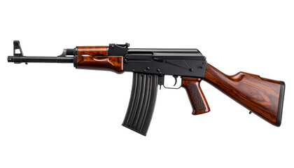A classic assault rifle design, with wood furniture and a large capacity magazine