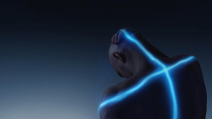 Minimalist composition of male back highlighted by blue crossing energy lines. Concept of spine diagnostics, mobility assessment, physiotherapy mapping and posture analysis.
