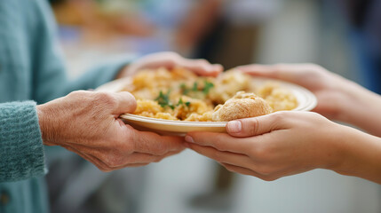 Faceless volunteers giving food to homeless people in shelter closeup, charitable meal distribution, community support program, humanitarian aid service, social welfare assistance,