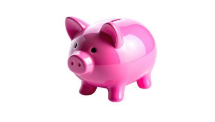 A glossy pink ceramic piggy bank with a slot on top, isolated against black