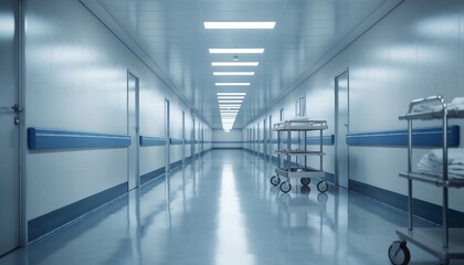 Long, empty, and sterile hospital corridor with bright fluorescent lighting and medical equipment carts, concept for healthcare, crisis and recovery