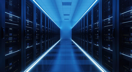 Futuristic server room interior with blue lights. Modern data center infrastructure with rows of computer racks. Cloud computing and cyber security concept