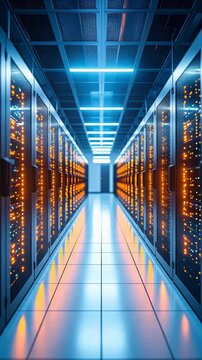 Corridor with servers in a data center featuring network equipment and hardware blinking with orange lights.