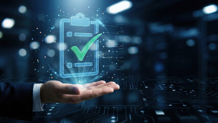 Business hand holding digital checklist with green checkmark symbol glowing over circuit board background, concept of approval and success