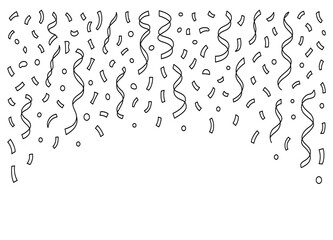 Monochrome falling confetti and curled streamers vector graphic outline design for festive celebration party backgrounds