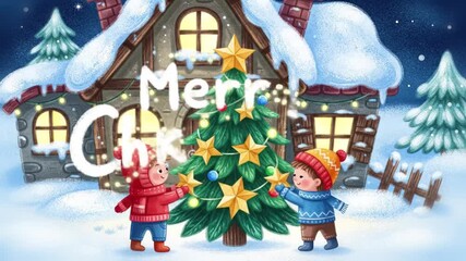 two bundled siblings decorate a tiny cottage christmas tree in a cozy children book winter scene