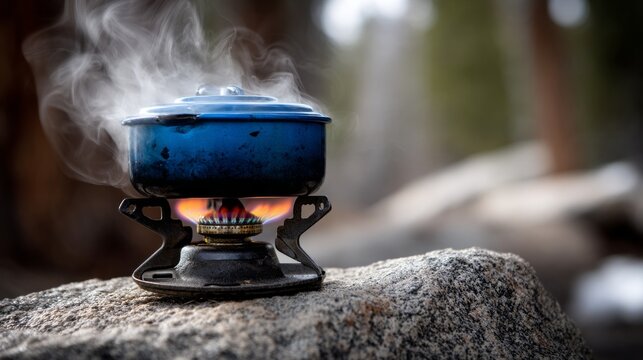 A bright blue cooking pot emits steam as it heats on a gas burner positioned on a solid rock. The scene captures a peaceful moment in nature, blending culinary activity with the great outdoors - Powered by Adobe