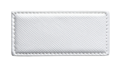 Rectangular, white, textured leather-like label with stitched edges, isolated black