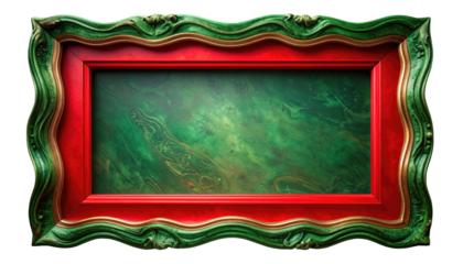 Ornate rectangular frame with green detailing, red interior, and emerald swirls
